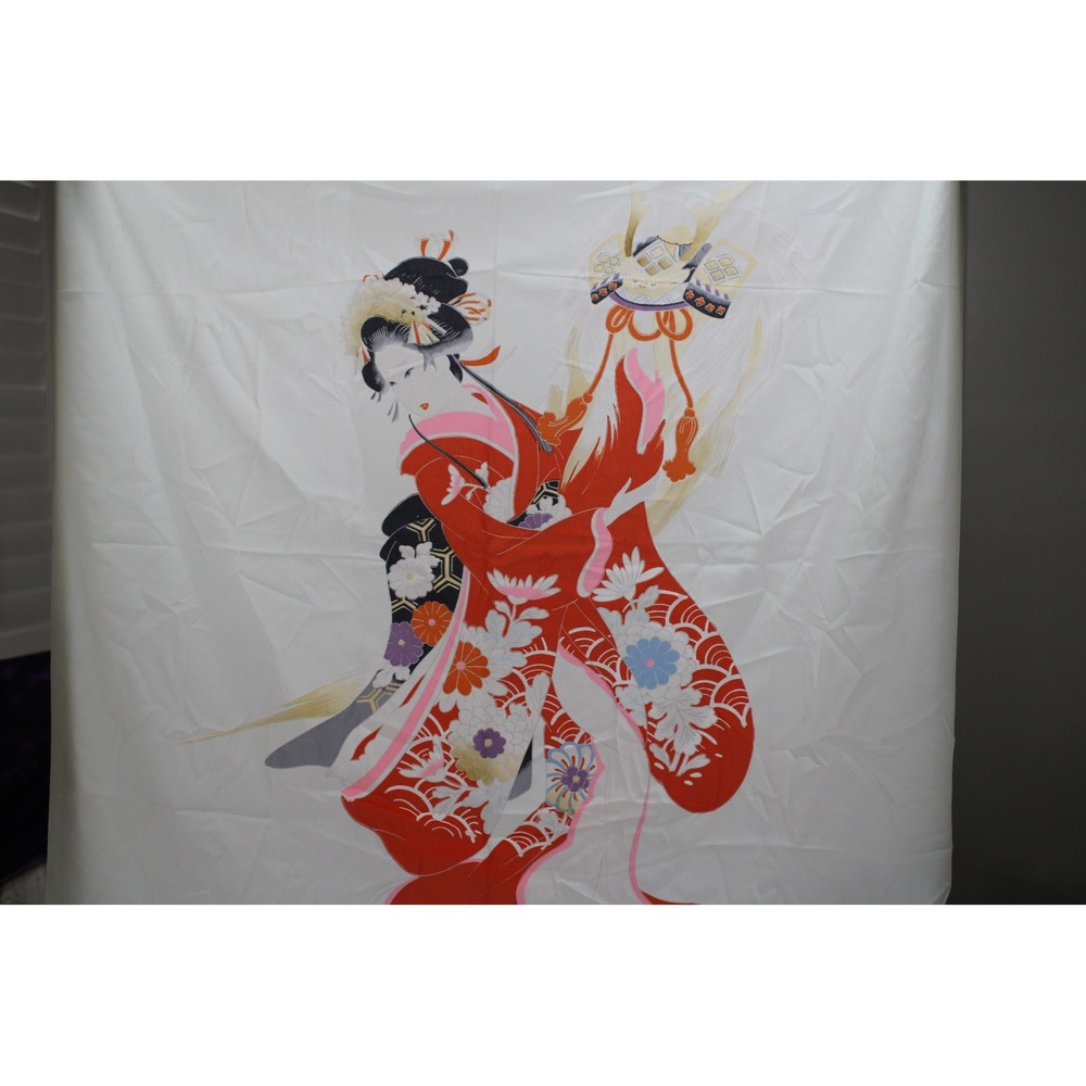 Vintage Japanese Geisha Kabuto Print Nylon Square Scarf White Red 28x28